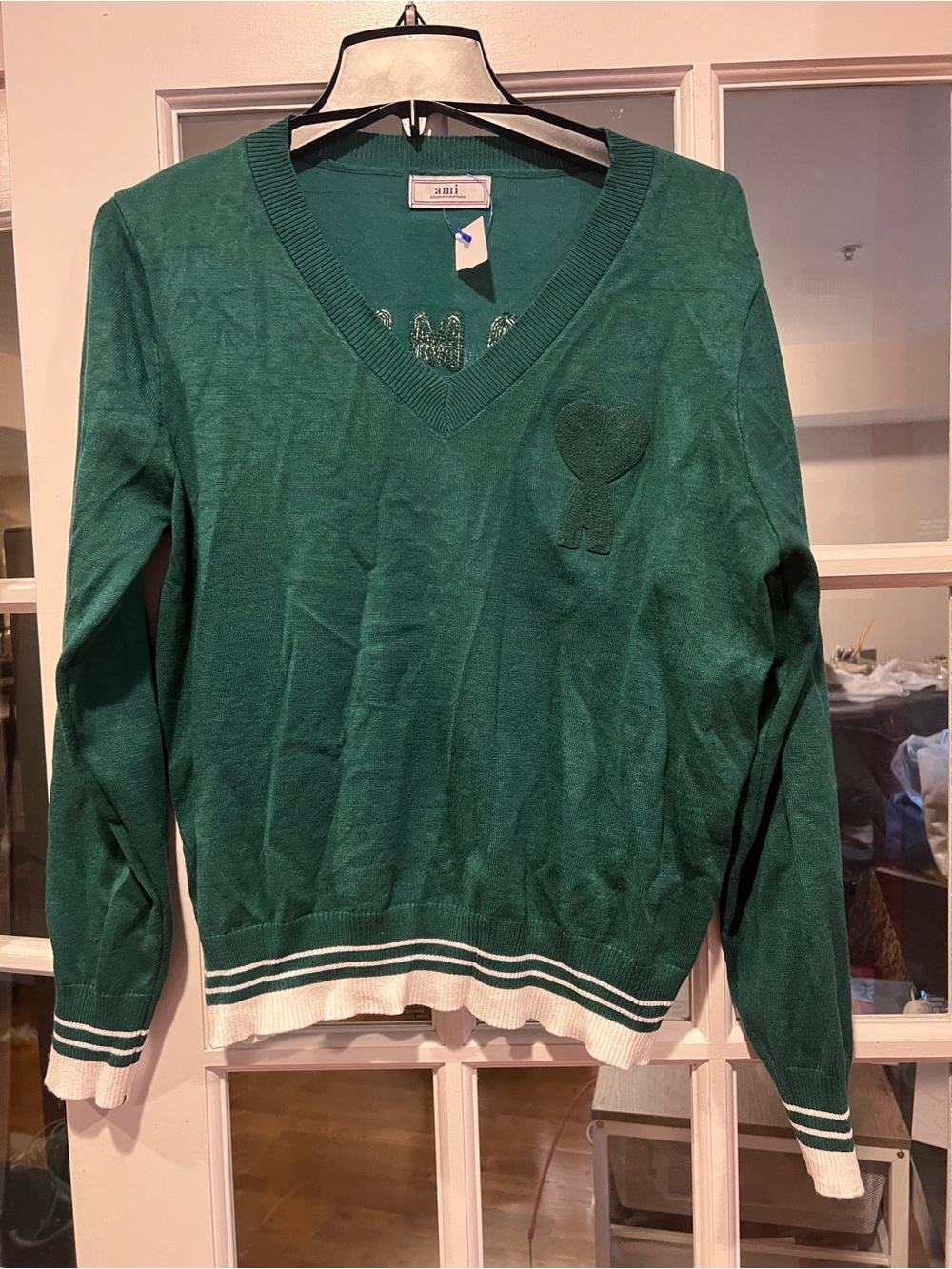 Ami Forest Green V-Neck Sweater with Heart Patch